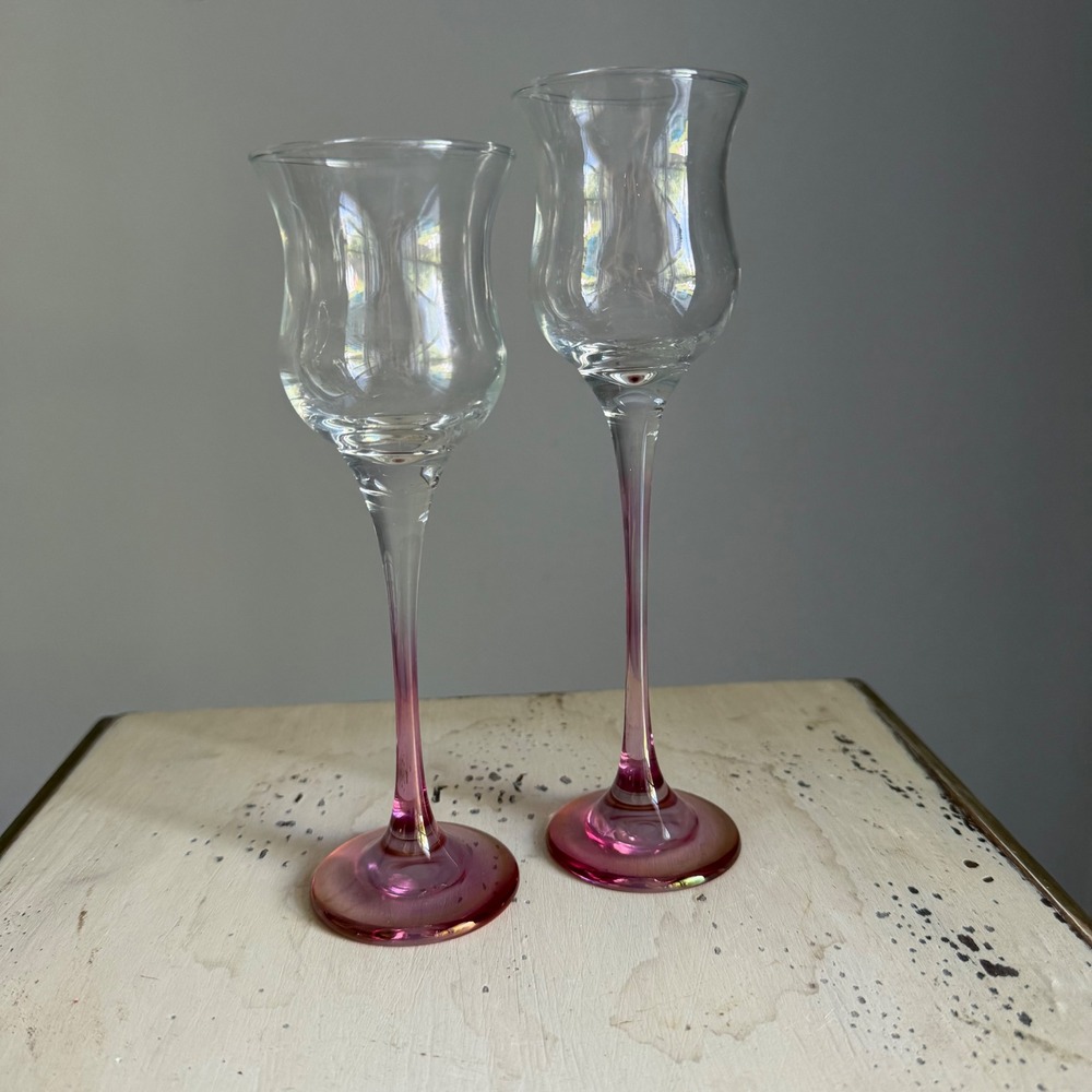 Vintage Pink Ombre Cordial Glasses Set of 2 Long Stem Tulip Tea Light Holders